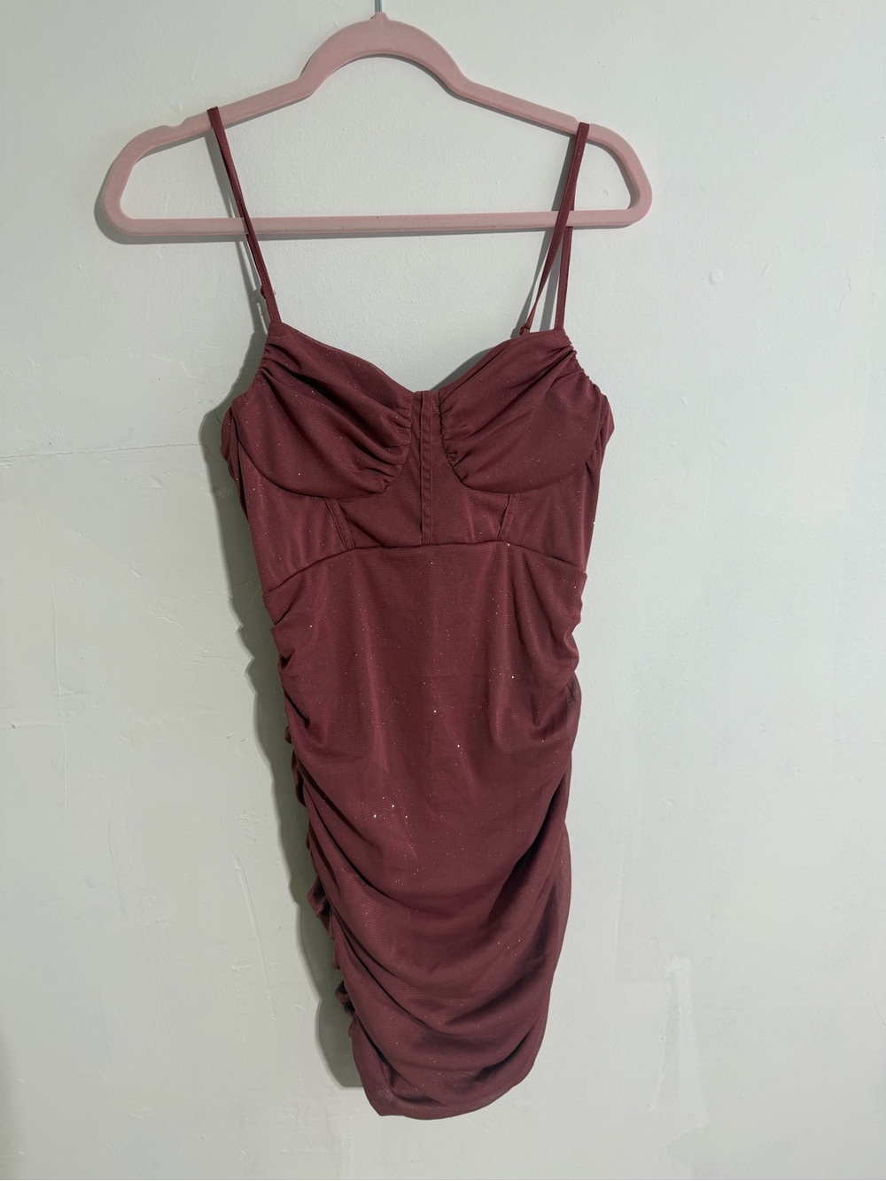 Charlotte Russe Ruched Spaghetti Strap Dress in Dusty Rose
